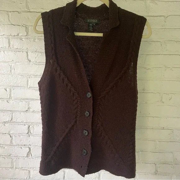 LAUREN RALPH LAUREN Wool Cashmere Blend Dark Brown Cable Knit Vest - Picture 8 of 8